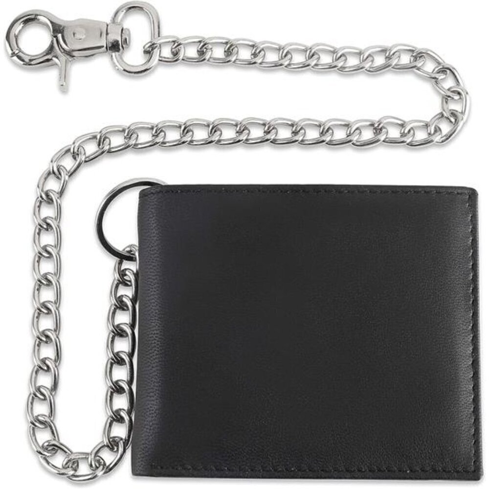 Cowhide Leather Bifold Wallet for Men with Steel Chain